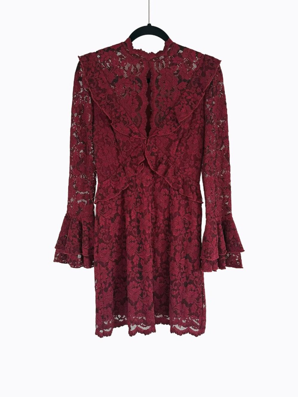 FP X Saylor Devin Burgundy Lace Mini Dress M Whimsigoth Ruffle Flare Sleeve Vamp